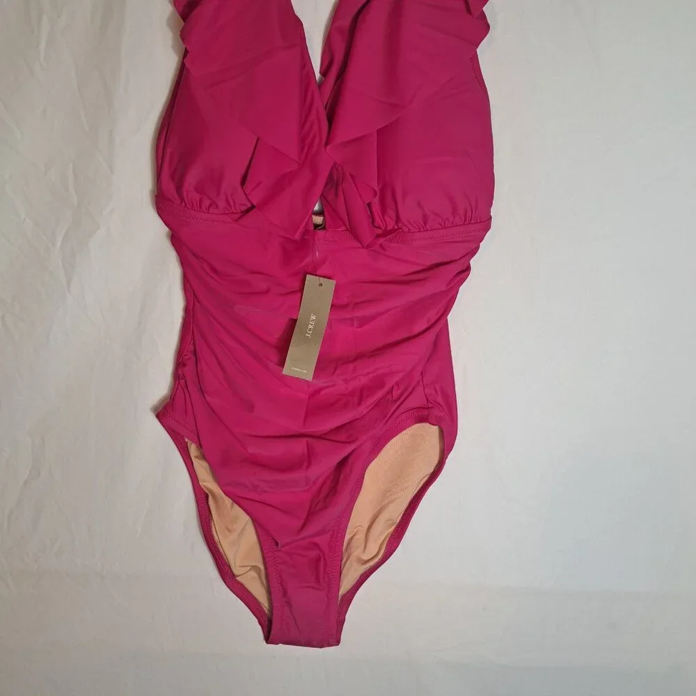 NEW j.crew women's‎ ruched ruffle one-piece swimsuit, radiant fuchsia, size 10